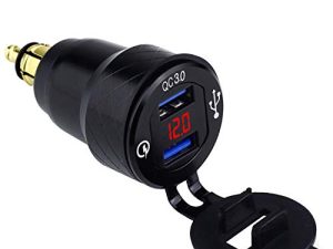 Cllena DIN Hella Plug to Dual Quick Charge 3.0 USB Charger Adapter with LED Voltmeter for BMW Motorcycle (أحمر)