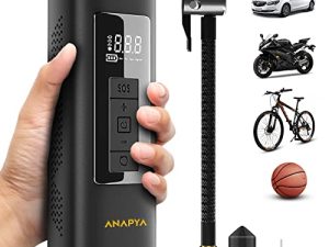 ضاغط هواء محمول منفاخ الإطارات من Anapya ، منفاخ إطارات لاسلكي 150PSI ، بطارية قابلة لإعادة الشحن 6000 مللي أمبير في الساعة ، مقياس ضغط الإطارات ومصابيح LED للطوارئ ، مضخة إيقاف تلقائي للهواء للدراجات النارية وكرة السيارة
