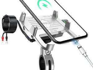 حامل هاتف للدراجة النارية من NEWekey مزود بشاحن ، حامل هاتف مقاوم للماء من الألومنيوم بالكامل ، شاحن USB QC 3.0 ، مقود دراجة نارية متوافق مع iPhone / Huawei / Samsung على المركبات 12-24 فولت