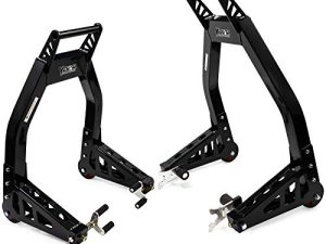 Venom Sport Bike Motorcycle Stand مجموعة رفع أمامي وخلفي للدراجات النارية - أسود يونيفرسال شوكة أمامية وسوينجارم Y & Paddle Lift Bike Stand ، متوافق مع ياماها ، هوندا ، كاواساكي ، سوزوكي ، وبي إم دبليو