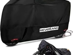 أغطية دراجة نارية من NEVERLAND ، غطاء دراجة نارية مقاوم للماء شديد التحمل 210D مقاوم للدموع ومقاوم للدموع مع تصميم فتحات قفل من القماش الآمن ، حماية خارجية في جميع الأحوال الجوية (L يناسب حتى 87 بوصة)