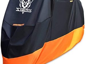 غطاء دراجة نارية XYZCTEM - حماية خارجية مقاومة للماء طوال الموسم - يصلح حتى 116 بوصة للدراجات الهوائية والمروحيات والطرادات - للحماية من الغبار والحطام والمطر والطقس (XXXL ، أسود وبرتقالي)