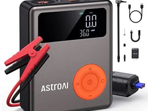 AstroAI Jump Starter مع ضاغط هواء ، 1750A 12V بطارية القفز مع منفاخ إطارات رقمي 150PSI ، ما يصل إلى 7.5 لتر غاز و 5.0 لتر محركات ديزل ، شاشة LCD مرئية مع كابل توصيل ، شاحن تيار متردد