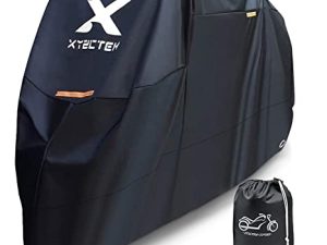 غطاء دراجة نارية XYZCTEM - حقيبة تخزين خارجية مقاومة للماء ، مصنوعة من مواد شديدة التحمل ، تناسب ما يصل إلى 120 بوصة من Harley Davison وجميع المحركات (أسود وفتحات قفل وحزام احترافي مقاوم للرياح)