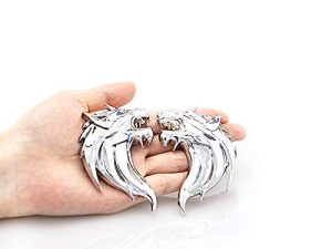 CARRUN 2 قطعة 3D الذئب رئيس شعار معدني للسيارات الدراجات النارية الجانب الحاجز الخلفي التصميم شارة ملصق مائي (فضي)