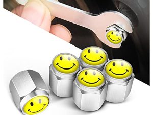 قبعات صمام إطار بقفل وجه مبتسم تصميم مضاد للسرقة مع ملحقات تزيين حلقة مطاطية رشاقته أغطية جذعية لصمام الإطارات النحاسية السميكة عالمية للسيارة / سيارات الدفع الرباعي / الدراجة / الشاحنة / دراجة نارية