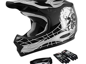 TCT-MOTORPARTS DOT Motocross Helmet + Goggles + Gloves Youth Kids Black Skull Dirt Bike Helmet ATV Off-Road Child Gloves Helmet Goggles (Small)