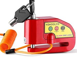 YOHOOLYO إنذار قرص قفل دراجة نارية قرص الفرامل قفل مضاد للسرقة مقاوم للماء 110 ديسيبل 7 مللي متر دبوس 5ft كابل تذكير للدراجات النارية دراجة سكوتر حقيبة حمل