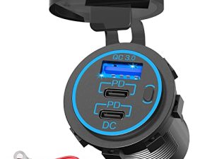 12 فولت USB منفذ USB C شاحن سيارة - أحدث 58 واط مطول RV USB مخرج مقبس 12 فولت مزدوج 20 واط PD3.0 USB-C و 18 واط QC3.0 منفذ USB للسيارة مع زر طاقة زر لسيارة قارب مارين RV دراجة نارية
