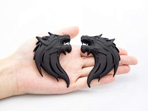 CARRUN 2 قطعة 3D الذئب رئيس شعار معدني سيارة دراجات نارية الجانب الحاجز الخلفي التصميم شارة ملصق مائي (أسود)