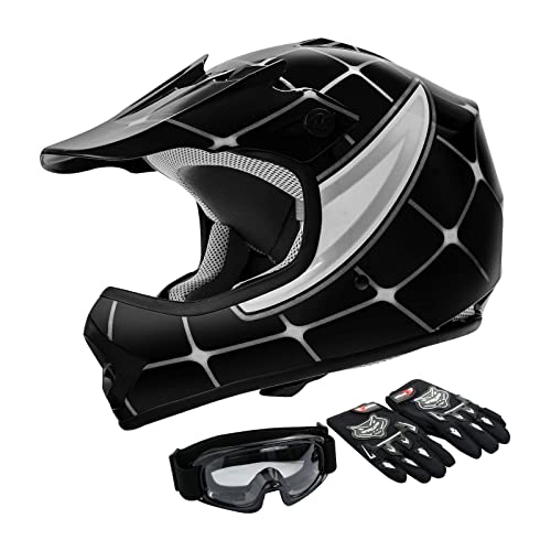 TCT-MOTORPARTS DOT Youth ATV Helmets w / Goggles + Gloves Kids Motocross Offroad Street Dirt Bike Helmet + Gloves + Goggles أسود العنكبوت صغير TCT-MOTORPARTS DOT Youth ATV Helmets w / Goggles + Gloves Kids Motocross Offroad Street Dirt Bike Helmet + Gloves + Goggles أسود العنكبوت صغير