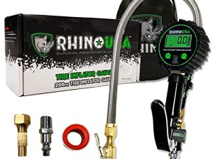 منفاخ إطارات رقمي من Rhino USA مع مقياس ضغط (0-200 PSI) - ANSI B40.7 دقيق ، قرص سهل القراءة 2 بوصة ، خرطوم مضفر ممتاز ، أجهزة نحاسية صلبة ، الأفضل لأي سيارة ، شاحنة ، دراجة نارية ، RV