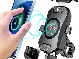 KEWIG حامل هاتف للدراجة النارية مقاوم للماء Qi 15 واط لاسلكي و USB C 20 واط منفذ شحن سريع ، بضغطة واحدة قفل تلقائي وسريع التحرير حامل هاتف محمول بمقبض للهواتف 4-7 بوصات