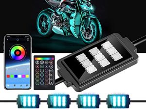 MUENING 8 جهاز كمبيوتر شخصى مجموعة إضاءة تحت الشفق للدراجات النارية RGB LED قطاع أضواء ، نيون متعدد الألوان مع وحدة تحكم عن بعد ذكية | متوافق مع عربات الترايكيس كروزر سكوتر ATVs UTVs