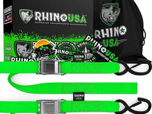 أحزمة ربط من Rhino USA للدراجات النارية (عبوتان) تم اختبارها معمليًا بقوة كسر 3،328 رطل ، مجموعة مربوطة من الصلب Cambuckle مع حلقات ناعمة مدمجة - أفضل من حزام السقاطة (عبوتان باللون الأخضر)