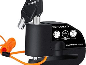 YOHOOLYO إنذار قرص قفل دراجة نارية قرص الفرامل قفل مضاد للسرقة مقاوم للماء 110 ديسيبل 7 مللي متر دبوس 5ft كابل تذكير للدراجات النارية دراجة سكوتر حقيبة حمل