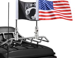 قطعتان من قطب العلم للدراجات النارية قابل للطي بزاوية 90 درجة مع العلم الأمريكي وعلم Pow-mia مقاس 6.7 بوصة × 10.2 بوصة حامل عمود العلم مناسب لرف أمتعة أنبوبي 1/2 بوصة Harley Touring Spring Honda Goldwing إلخ.