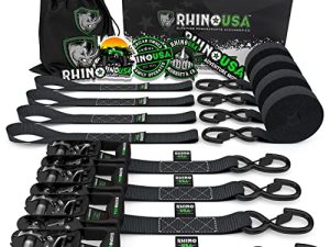 RHINO USA طقم ربط أحزمة السقاطة ، 5،208 قوة كسر - تتضمن (4) مشابك ربط متينة مع مقابض مبطنة وخطافات مطلية بالكرومولي S + (4) حلقات ربط حلقي ناعمة