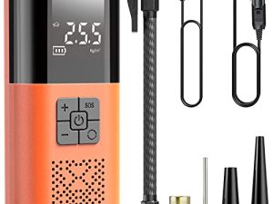 ضاغط هواء محمول Eazy2HD ، منفاخ إطارات قابل لإعادة الشحن 6.0Ah مع USB / مصباح LED ، مضخة هواء كهربائية 150 PSI مع مقياس ضغط / إيقاف تلقائي ، مضخة إطار لاسلكية لكرات دراجة نارية للسيارة (برتقالي)