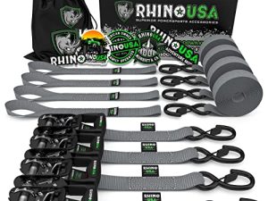 RHINO USA طقم ربط أحزمة السقاطة ، 5،208 قوة كسر - تتضمن (4) مشابك ربط متينة مع مقابض مبطنة وخطافات مطلية بالكرومولي S + (4) حلقات ربط حلقي ناعمة