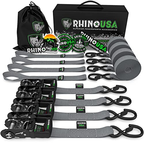 RHINO USA طقم ربط أحزمة السقاطة ، 5،208 قوة كسر - تتضمن (4) مشابك ربط متينة مع مقابض مبطنة وخطافات مطلية بالكرومولي S + (4) حلقات ربط حلقي ناعمة RHINO USA طقم ربط أحزمة السقاطة ، 5،208 قوة كسر - تتضمن (4) مشابك ربط متينة مع مقابض مبطنة وخطافات مطلية بالكرومولي S + (4) حلقات ربط حلقي ناعمة