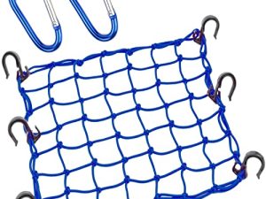 شبكة البضائع Thewinio مقاس 15 × 15 بوصة تمتد حتى 30 × 30 مع خطافات سميكة | قلب لاتكس طبيعي ، شبكة بنجي صغيرة شديدة التحمل مقاس 2 بوصة × 2 بوصة لخوذة دراجة نارية ، دراجة ، مركبة ، UTV ، أمتعة (أزرق ، عبوة واحدة)