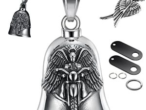 CTZSR Motorcycle Bell Guardian Angel Wing - سلسلة مفاتيح جرس الحظ الجيد للدراجات النارية والحيوانات الأليفة مع قلادة الجناح ومحرك ملحقات أجراس ركوب الدراجات الآمنة لراكبي الدراجات النارية مع 1 قلادة 2 شماعات