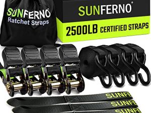 أربطة سقاطة من Sunferno تربط بقوة كسر 2500 رطل ، 15 قدمًا - أحزمة شديدة التحمل لتحريك دراجتك النارية وحمولتك بأمان على السيارة والشاحنة والمقطورة - أحزمة حلقة ناعمة - أشرطة Rachette سوداء (4 عبوات)