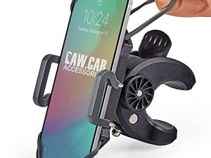 حامل الهاتف للدراجة والدراجات النارية - لهاتف iPhone 14 (13 ، Xr ، SE ، Plus / Max) ، Samsung Galaxy S22 أو أي هاتف محمول - حامل المقود العالمي لمركبة النقل المؤتمتة أو الدراجة أو الدراجة النارية. +100 إلى الأمان والراحة