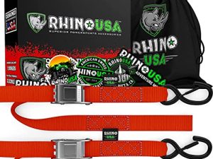 أحزمة ربط من Rhino USA للدراجات النارية (عبوتان) تم اختبارها معمليًا بقوة كسر 3،328 رطل ، مجموعة مربوطة من الصلب Cambuckle مع حلقات ناعمة مدمجة - أفضل من حزام السقاطة (عبوتان باللون الأحمر)
