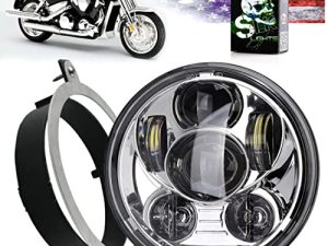 SLK-Lights VTX 5.75 inch Chrome Round LED Projector Daymaker Headlight with Bracket and Hardware - سهل التركيب والتوصيل والتشغيل مصباح أمامي للدراجات النارية متوافق مع Honda VTX 1300، VTX 1800
