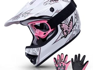 خوذة أطفال TCT-MT DOT للشباب + نظارات واقية + قفازات ATV Street Dirt Bike خوذة موتوكروس للدراجات النارية (فراشة وردية ، متوسطة)