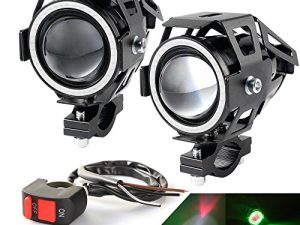 LEDUR LED U7 للدراجات النارية DRL مع أضواء حلقة عيون الملاك القيادة ضوء كشاف أمامي Hi / Lo Strobe وامض ضوء أبيض ومفتاح (2 قطعة ، هالة خضراء)