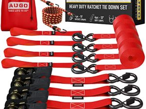 أشرطة ربط سقاطة من AUGO –4 PK– 15 FT - 2،200 LB Break Strength - خطافات S قفل الأمان - لنقل البضائع ، والأجهزة ، ومعدات الحديقة ، والدراجات النارية - تتضمن 2 حبال بنجي ، 4 حلقات ناعمة ، حقيبة تخزين