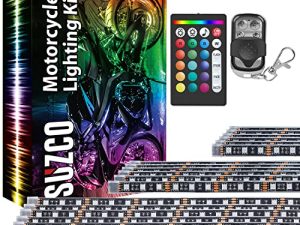 طقم شرائط LED للدراجات النارية من 10 عبوات من SUZCO مع أجهزة تحكم عن بعد APP / IR / RF ، أضواء متزامنة RGB متعددة الألوان للأجواء السفلية ، شريط LED مقاوم للماء 12 فولت لـ Harley Honda Kawasaki Suzuki Polaris
