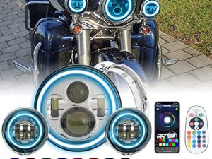 SUNPIE متوافق مع دراجات H_arley Motorcycles 7 بوصة RGBW Halo LED مصباح أمامي فضي + 4-1 / 2 inch RGBW Fog Lights مع حامل تثبيت مقاوم للماء تطبيق تحكم عن بعد ألوان مخصصة وضع الصوت / الموسيقى